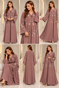 Elegant Dusty Rose Embroidered Abaya Long Sleeve V Neck Floor Length Modest Muslim Women <b>Dress</b> Floral <b>Prayer</b> Wear Luxurious Gown - Product Image 3