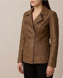 Womens <b>Brown</b> Sheep Skin <b>Leather</b> <b>Jacket</b> Slim Fit Biker Style Asymmetrical Zipper ODM Stylish Winter Fashion Casual Outerwear Mod - Product Image 4