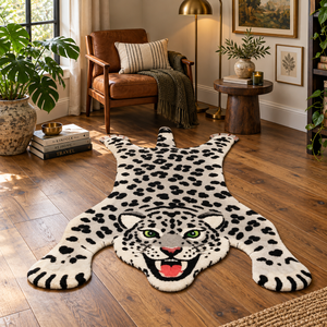 Snow Leopard Hand Tufted Wool <b>Rug</b> Black White Grey with Green Eyes Low Pile <b>Hallway</b> Decor - Product Image 1