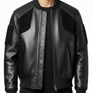 <b>Men's</b> Black Genuine <b>Leather</b> Bomber <b>Jacket</b> Moto Biker Style Zipper Closure Windproof Turn-down Collar Regular Fit Autumn Wear - Product Image 1