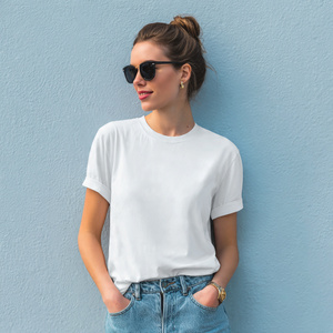 T-shirts d'été pour femmes à épaules tombantes, col rond, 100% polyester et coton, tee-shirt à épaules découpées pour femmes - Product Image 5