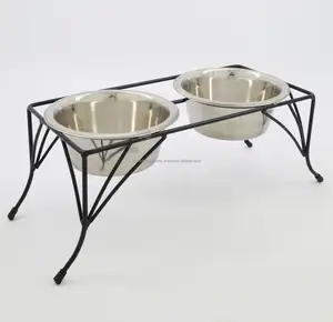 Elevated wrought iron wire Double diner dog feeder steel Bowls Pet Dog Cat Feeder Elevated Stand Raised Dish Feeding Food Water