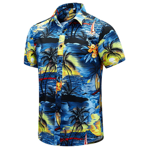 Chemise hawaïenne à manches courtes pour homme, boutonnée, imprimé floral palmier, respirante, 100 % polyester popeline - Product Image 1