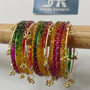 Luxury Multicolor Glass <b>Bangles</b> Set with Crystal Stone Work and Gold Ghungroo Handmade Bridal Jewelry for Womenc - Product Image 3