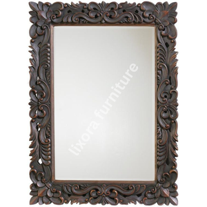 Handmade Wooden <b>Wall</b> <b>Mirror</b> <b>Rectangular</b> Traditional Frame Ornate Floral Scroll Carving Brown - Product Image 1