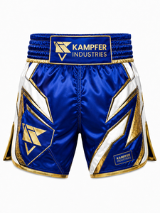 กางเกงมวยไทย MMA สีน้ำเงิน ขาว ทอง พิมพ์ลายแบบ Sublimation สำหรับผู้ใหญ่ 男女 แห้งเร็ว ระบายอากาศได้ดี ผลิตจากโพลีเอสเตอร์ 100% เหมาะสำหรับใส่ในยิม - Product Image 1