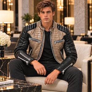Mens Two Tone for Embossed Leather <b>Biker</b> <b>Jacket</b> with Silk Lining <b>Vintage</b> Design OEM Custom Wholesale - Product Image 4