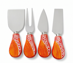 <b>Cheese</b> <b>Knife</b> <b>Set</b> Stainless Steel Blades Plastic Handles With Red Orange Patterned Design Durable Cutlery For Serving Use - Product Image 1