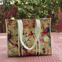 Sac fourre-tout en velours léger, 100% coton, couleur unie, imprimé à la main avec un motif floral traditionnel, respectueux de l'environnement, grande taille