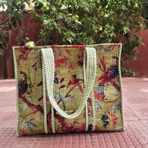 Sac fourre-tout en velours matelassé imprimé à la main, 100% coton, traditionnel, fait main - Grande taille - Product Image 1