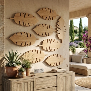 Décoration murale en bois sculpté à la main, silhouette de feuille, style minimaliste tropical, sculpture murale botanique en bois pour salon et chambre à coucher - Product Image 5
