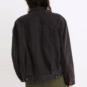 Women's Black Denim Jacket Oversized Loose Fit Stonewashed Casual Style <b>Button</b> Front Solid Color Autumn Wear - Product Image 4