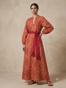 Women's Bohemian Ikat Print Maxi <b>Dress</b> <b>Long</b> <b>Sleeve</b> Keyhole Neck <b>Tunic</b> with Sash - Product Image 3