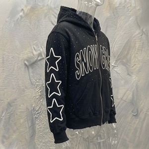 Sweat à capuche unisexe noir Snow Grace à fermeture éclair, coupe oversize, imprimé étoiles, en coton tricoté, décontracté, pour l'hiver - Product Image 2
