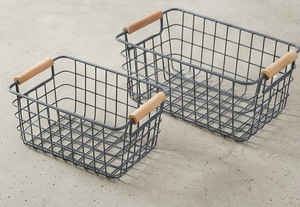 Premium <b>Rectangular</b> Metal Wire <b>Storage</b> <b>Basket</b> With Wooden Handles Minimalist Style Multi Purpose Organizing <b>Basket</b> - Product Image 5