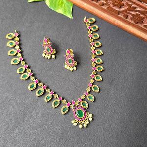 Palakka Mala Gold Plated Designer Zircon Pearl Necklace and Earring Set for Wedding - Product Image 1
