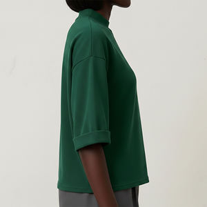 Nouveau t-shirt vert surdimensionné pour femme, col rond, coupe ample, manches courtes, couleur unie, tricoté, avec logo, pour toutes les saisons - Product Image 2