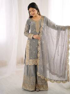 <b>Grey</b> Embroidered Traditional Indian Pakistani <b>Wedding</b> <b>Dress</b> Set Women Ankle-Length Regular Fit PURE FANDY SILK Wrinkle-Free - Product Image 1