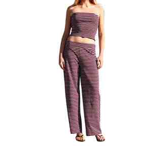 Stylish Women's Striped Strapless Crop Tube Top And Wide Leg Pants <b>Set</b> Casual Spring Summer Knitted Two Piece Women Co-ord <b>Sets</b> - Product Image 1