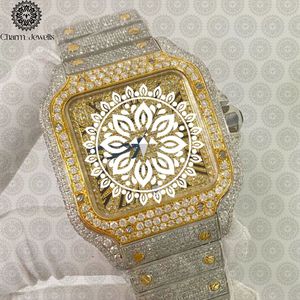 Charm Jewells Montre rectangulaire de luxe pour hommes incrustée de diamants, en acier inoxydable, à quartz analogique, fermoir pliant, 42 mm - Product Image 1