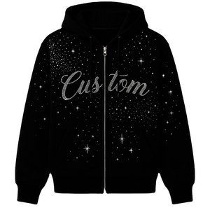 Custom Rhinestone Print <b>Zip</b>-<b>Up</b> <b>Hoodie</b> Unisex <b>Black</b> Casual Hooded Sweatshirt Regular Fit Autumn Knitted 100% Polyester - Product Image 1