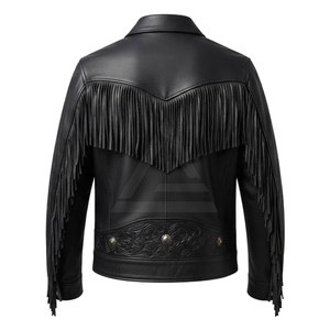 Rugged Men Western Leather <b>Jacket</b> With <b>Fringe</b> Detailing Embossed Design For Casual Cowboy Streetwear And Weekend Wear - Product Image 2