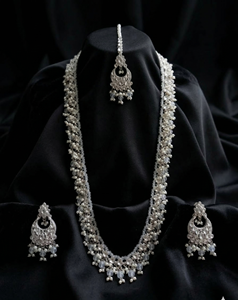 Lucentarts Jewellery Antique Gold Plated Zircon <b>Beaded</b> Long Necklace Earring <b>Set</b> MaangTikka Traditional Indian Wedding Party - Product Image 4