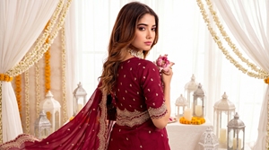 AARA Fashion <b>Maroon</b> Embroidered <b>Saree</b> Blouse for Women Wedding Traditional Indian/Pakistani Style Floor-Length Polyester Sun - Product Image 2