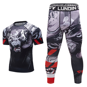 Ensemble de rashguard de compression pour homme, manches courtes, séchage rapide, imprimé loup, vêtements de combat, shorts de sport - Product Image 3