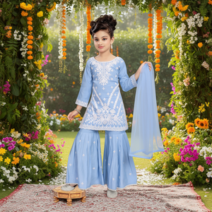 Girls' <b>Chikankari</b> Embroidered Light Blue Sharara <b>Suit</b> Set with Dupatta - Product Image 3