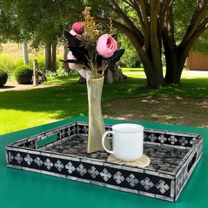 Rectangular Mother of Pearl Inlay Serving Tray with Black & <b>Silver</b> Tumbling Floral Pattern, Tea Tray, Ideal Gifts - Product Image 4