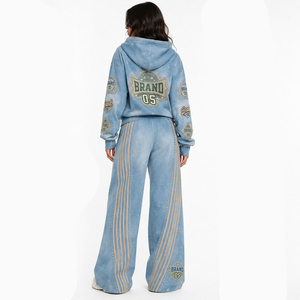Women Solid Washed Varsity Patch Zip Hoodie Wide Leg Pants Set Rhinestone Studded Side Stripe <b>Y2K</b> Streetwear Customized - Product Image 4