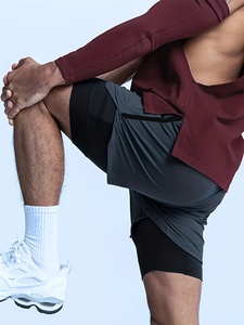 Men's Solid Color Quick Dry Sport Shorts <b>Mid</b> Waist Drawstring Elastic Fit With Pockets Knitted Fabric Short Length - Product Image 4