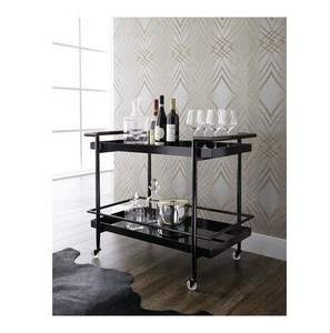 2 Tier Matte Black Rectangular Bar Cart Modern Metal Serving Trolley with <b>Deep</b> Tray <b>Shelves</b> And Smooth Rolling Caster Wheels - Product Image 2