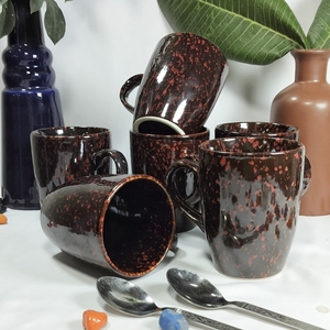 Ensemble de 6 tasses à café en céramique fabriquées à la main en grès côtelé bleu avec finition glaçure brillante pour boissons chaudes thé cacao en Inde - Product Image 6