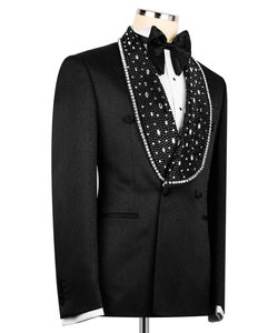 Veste de smoking noire pour homme ornée de strass avec ceinture – Blazer de créateur à revers châle pour mariage et scène - Product Image 4