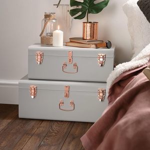 Stackable Steel Storage Chests Grey and Rose Gold Trunk Set <b>Large</b> Decorative Lockable <b>Boxes</b> for Blankets Linens and Memories - Product Image 1