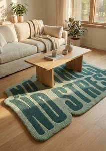 Alfombra de Lana de Lujo con Diseño Geométrico Verde y Tipografía, Hecha a Mano, de Alta Demanda y Superventas para Decoración Moderna del Hogar - Product Image 5