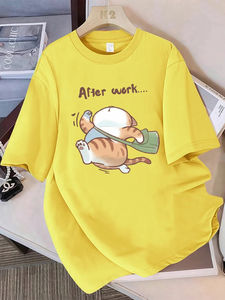 Camisetas de verano para mujer, camisetas con estampado de The Cat That Runs After Work, camisetas suaves de manga corta con cuello redondo, ropa básica para mujer - Product Image 4