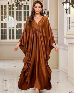 V Neck Maxi Abaya <b>Dress</b> Batwing Sleeve <b>Loose</b> Fit Asymmetrical Hem Solid Color Women's Daily Wear Polyester Ramadan Breathable - Product Image 3