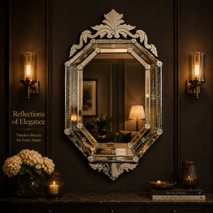 Miroir octogonal vénitien de luxe avec couronne en forme de couronne royale et panneaux en verre biseauté |   Miroir mural décoratif antique à motifs floraux gravés - Product Image 5