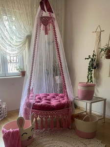 Pink Cotton Rope Luxurious Macramé <b>Swing</b> Bed Cushioned <b>Hammock</b> Seat Round Hanging Chair with Netting for Indoor Relaxation 72" - Product Image 5