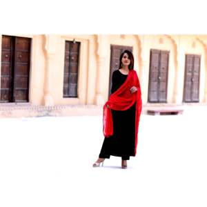 Beautiful Black Casual Kurta Set with Kashmiri <b>Red</b> Dupatta XS Size Rayon <b>Material</b> for India & Pakistan - Product Image 5