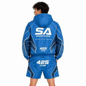 Chaqueta Cortavientos Azul con Capucha para Hombre, Marca Personalizada, con Cremallera y Pantalones Cortos a Juego, Traje Deportivo, Corte Regular, Ropa de Verano - Product Image 2