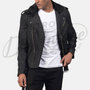 Chaqueta de Motociclista de Cuero de Gamuza Negra para Hombre, Chaqueta de Invierno con Cuello de Piel, Corte Ajustado, Estilo Casual - Product Image 3