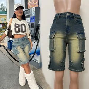 Shorts de mezclilla lavada de alta calidad con cordones, ajustados, de tiro medio, rectos, estilo vintage con botones, para salir en verano, para mujer, Sehe Fashion - Product Image 2