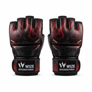 Gants de MMA WIZE INTERNATIONAL, demi-doigts, en cuir PU, fermeture Velcro, design flamme noire et rouge, pour adultes, arts martiaux, MMA - Product Image 1