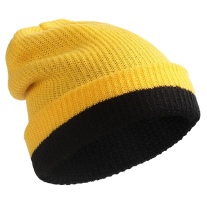 Bonnet en tricot color block jaune et noir avec revers contrastant, unisexe, pour l'hiver - Product Image 1