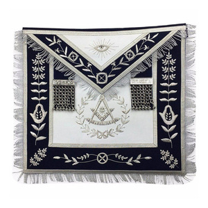 Freemason Past Master <b>White</b> Navy Blue <b>Apron</b> Silver Fringe Chain Embroidery Custom OEM Masonic Regalia Brotherhood Ceremony Wear - Product Image 1