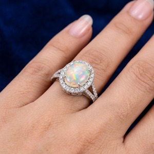 Diamond Halo Cluster Bezel Set Oval Cut Welo Opal Natural Ethiopian Opal <b>Dainty</b> Women's 925 Sterling Silver Luxury <b>Ring</b> - Product Image 1